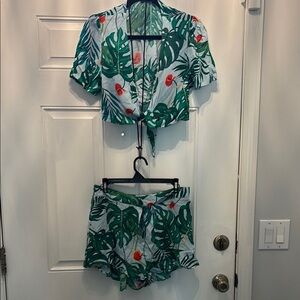 Zara Tropical Leaf Print Set - Green and Red